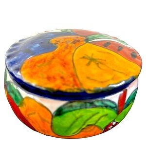 Trinket Box Ceramic Colorful Blue, Green , Yellow, Rust with lid 3"D